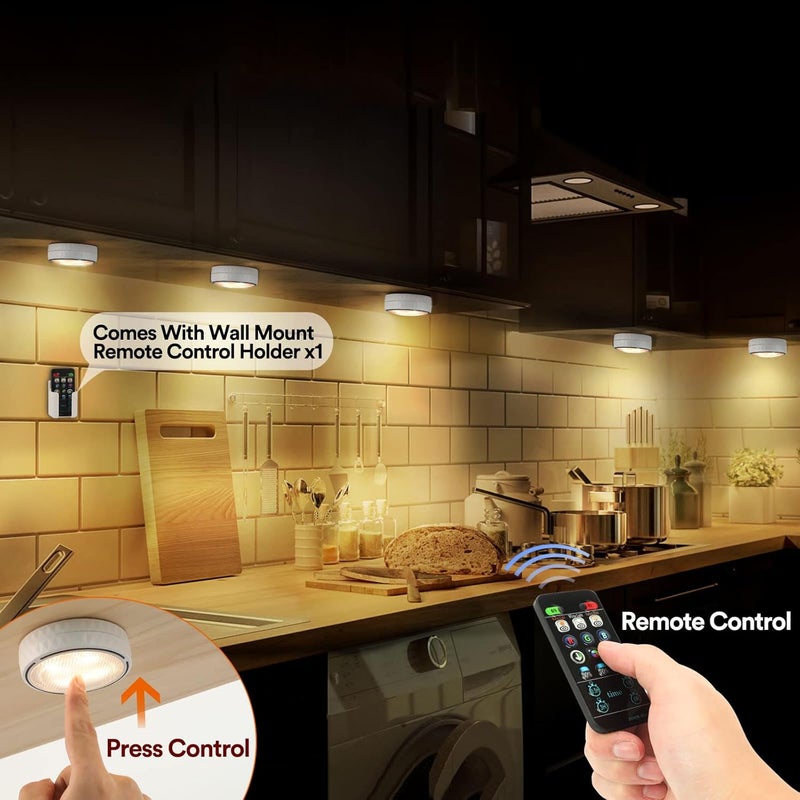 TECOMLIGHT Store Puck Lights with Remote Control, Battery Operated Wireless Under Cabinet Lighting, Stick on Tap Push Lights for Kitchen, Shelf, 6 Pack - White - Image 2